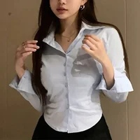 2025 New Female Korean White Office Women Chiffon Shirt Pocket Button Lapel Ladies Blouse Spring Commuter Long Sleeve Crop Tops - Image 6