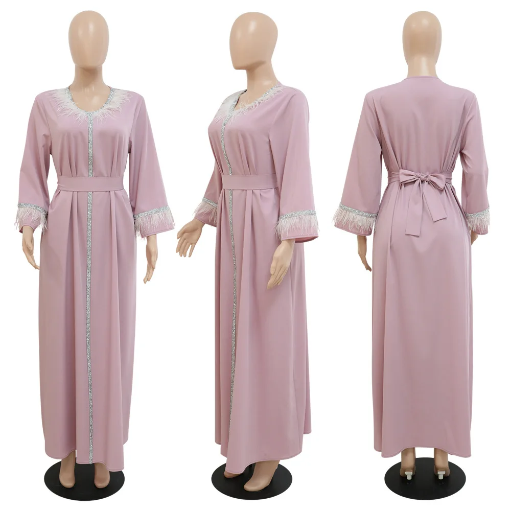 Jalabiya Feather Satin Abaya Dubai Loose Muslim Arabic Dress Moroccan Kaftan Saudi Abayas for Women Islam Party Evening Ramadan