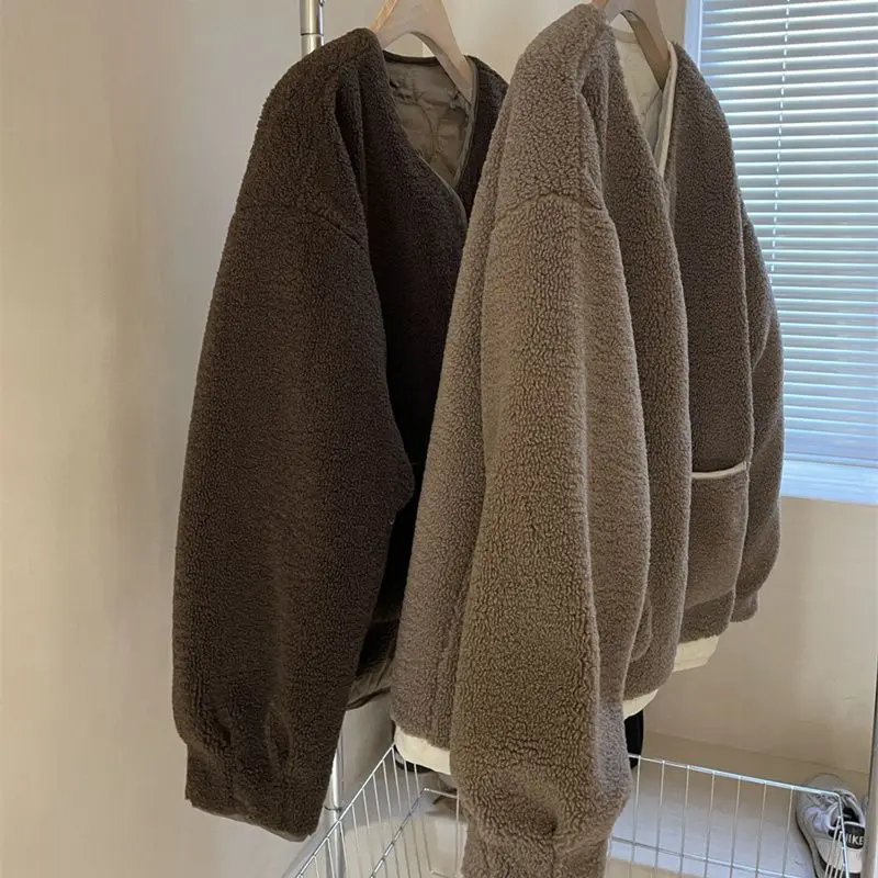 2023 Winter New Thickened Lamb Wool on Both Sides Wear Cotton Suit Coat Female and Thin Lazy Wind Short Cotton Suit Solid Color