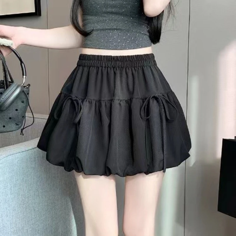 Zjaiss 2026 Summer Ballet Style Bow A-Line Women's Mini Skirts High Elastic Waist Tie Pleated Bud Balloon Skirt 2