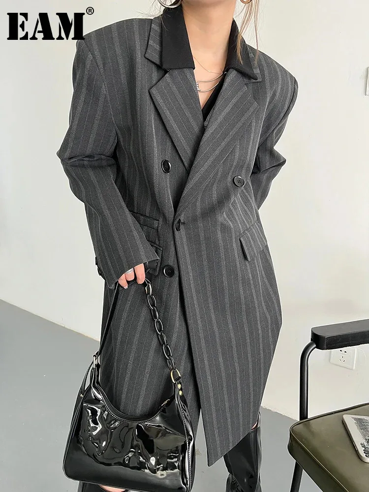 [EAM] Women Gray Striped Big Size Long Blazer New Lapel Long Sleeve Loose  Fit Jacket Fashion Tide Spring Autumn 2024 1DF2512