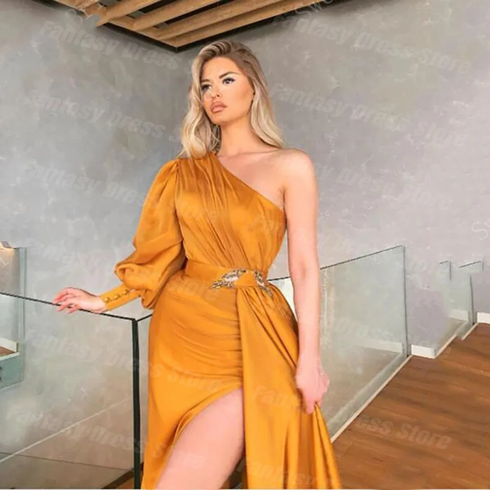 

Temperament Orange One Shoulder Loose Sleeve Dubai Arab Evening Dresses Mermaid Pleated Side Split Prom Dresses For Women