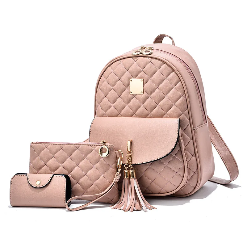 2022 new summer three-piece backpack women's Korean version Lingge tassel college style fashion backpack 5