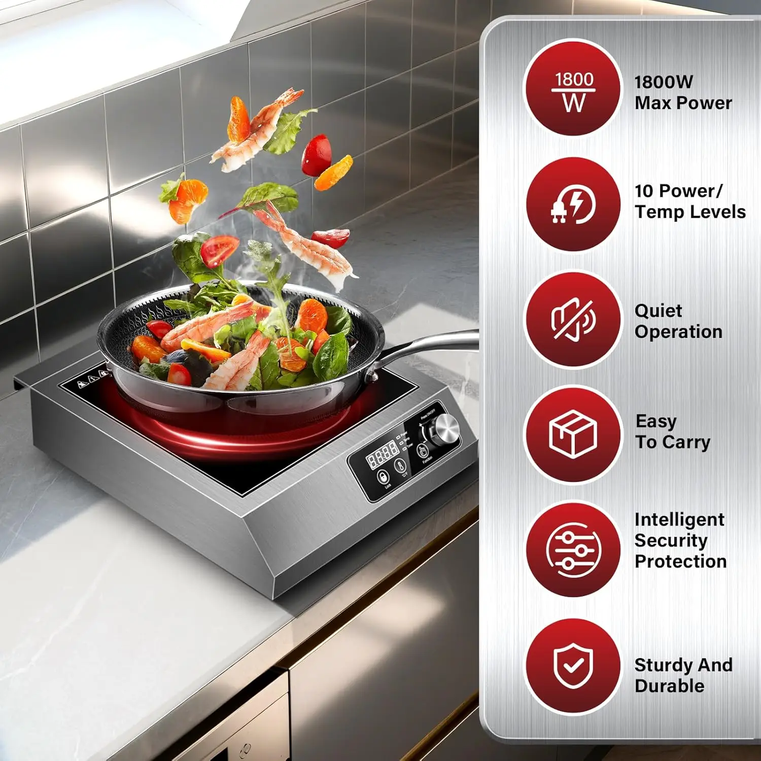Commercial Induction Cooktop,1800W Induction Burner with sensor touch, knob and LCD screen,ETL-Certified Single Electric Burner