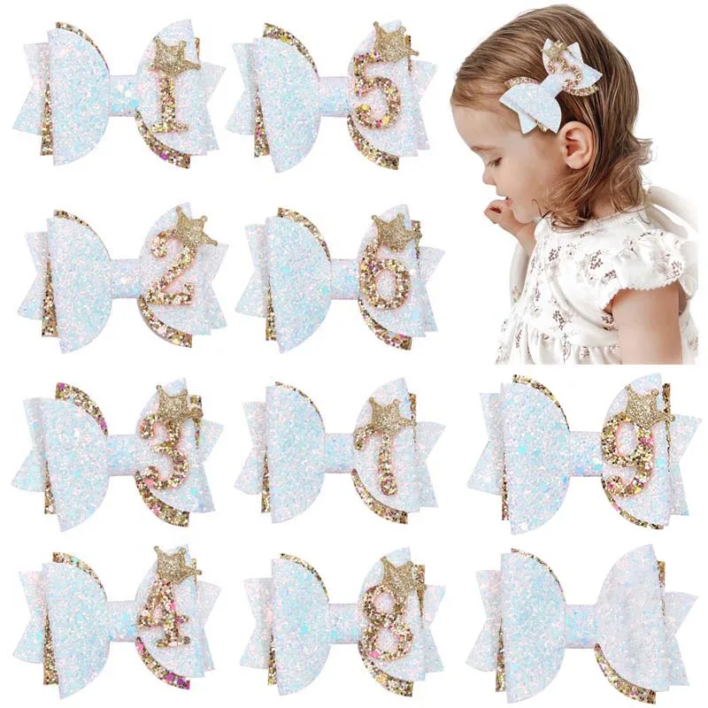 

ncmama Fashion Birthday Hair Bow Clips For Kids Girls Glitter Crown Hair Pin Barrettes Princess Headwear Baby Hair Accessories