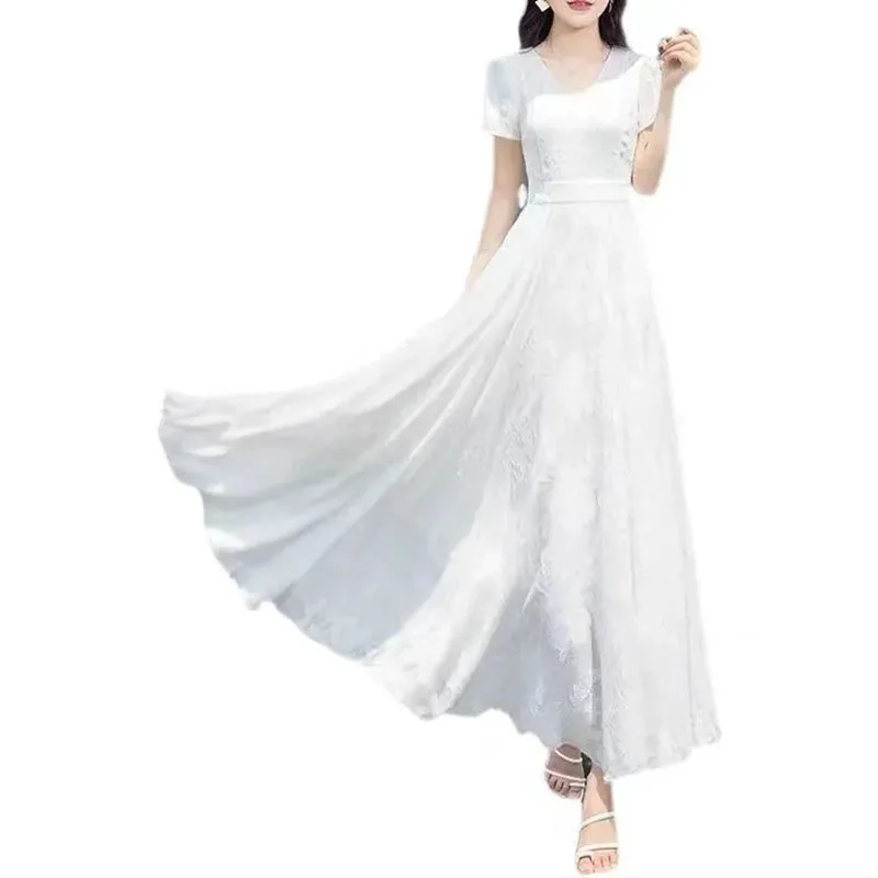 

Women's Short Sleeved Chiffon Party Dress, White Beach Dresses, Prom, Long, Formal Occasion, Summer Fashion, Luxury, Female