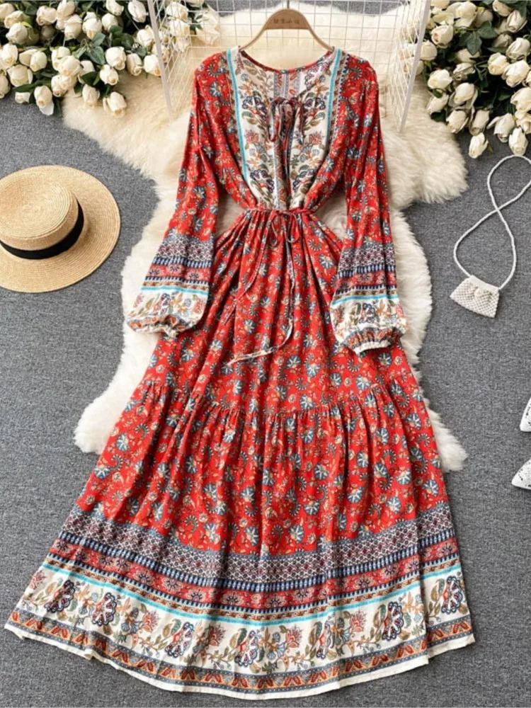 

Autumn Women Puff Sleeve Midi Dress 2023 Lady Fashion Flora Print Vintage One Pieces Clothes Spring Slim Waist Female New Robe
