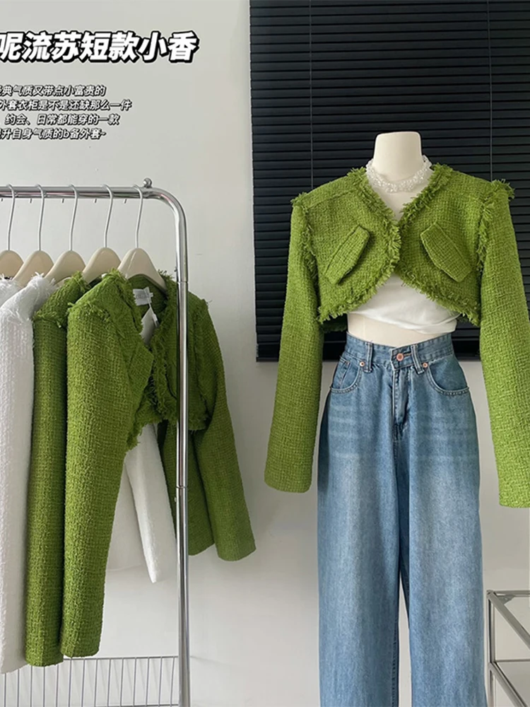 V neck Tassel Design Women Autumn New 2022 Retro Harajuku Short Jacket Coat Baggy Long Sleeve