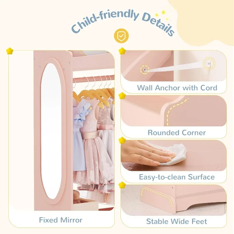 Kids Dress up Storage with Mirror, Wardrobe with 3 Hooks, Kids Closet for Girls Boys, Armoire Costume Organizer