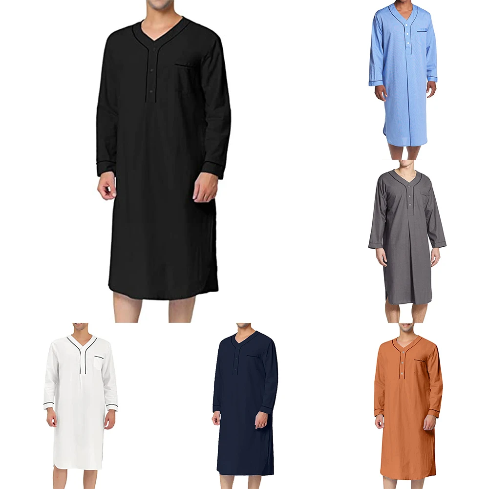 Men Muslim Clothing Long Sleeve Jubba Saudi Arab Long Kaftan Solid Loose Robe Casual Breathable Nightwear Summer Homewear