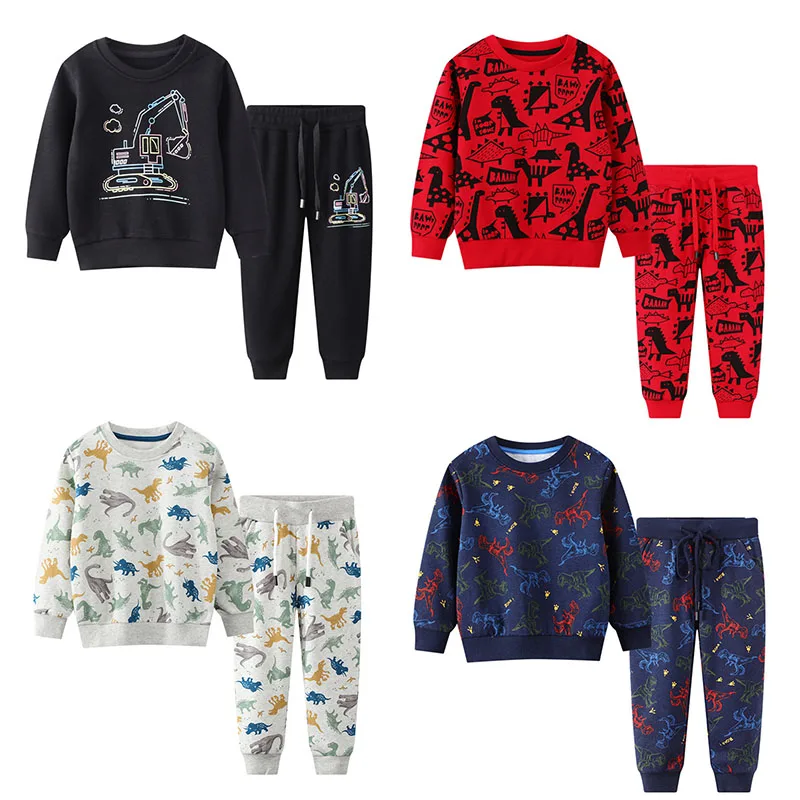 Kids Clothing Set Dinosaurs Print Hooded Sweatpants Suit For Boys Girls