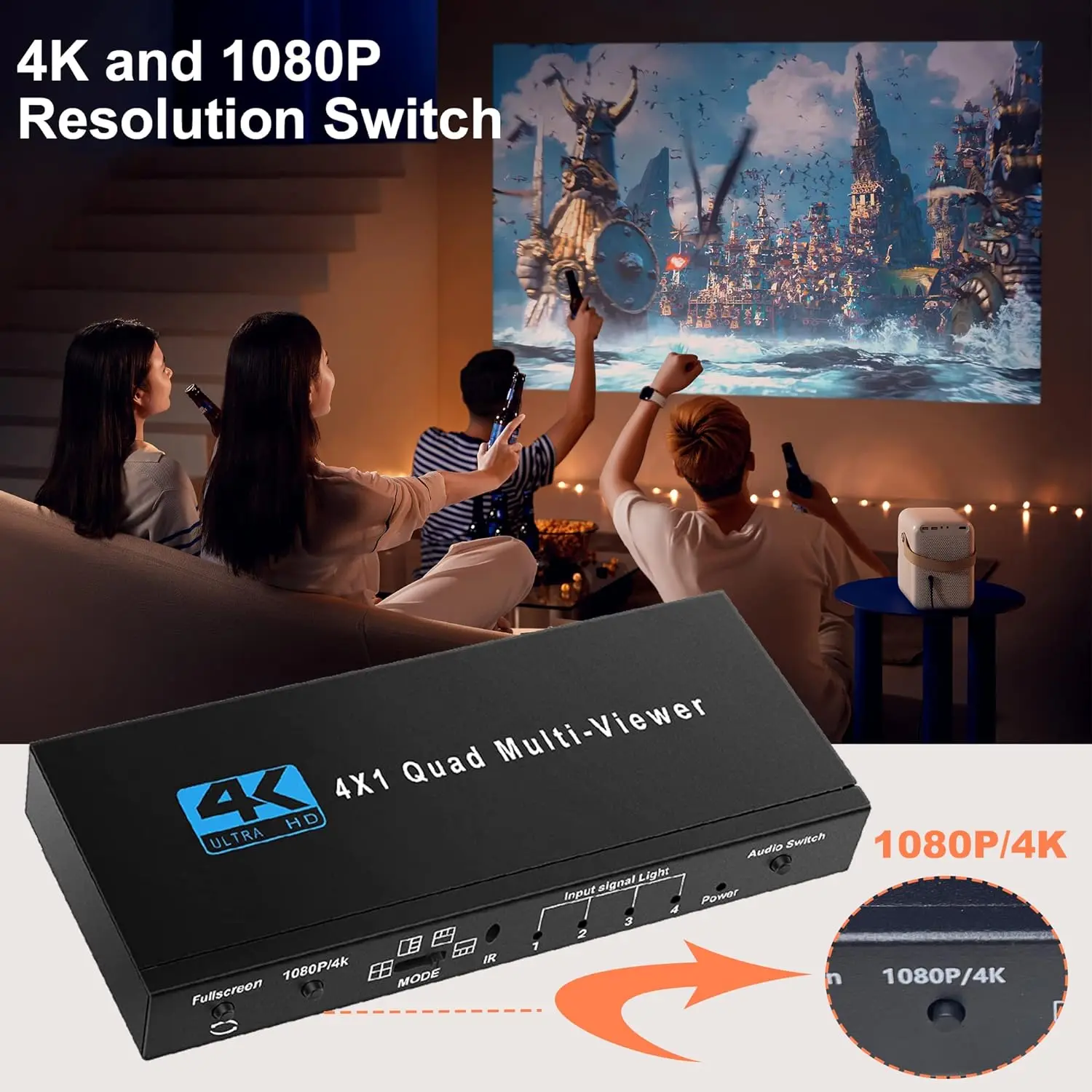 HDMI 쿼드 스크린 멀티 뷰어, 심리스 스위처, 카메라 노트북 PC TV용 5 가지 디스플레이 모드, 4x1 1080P, 4 in 1 out