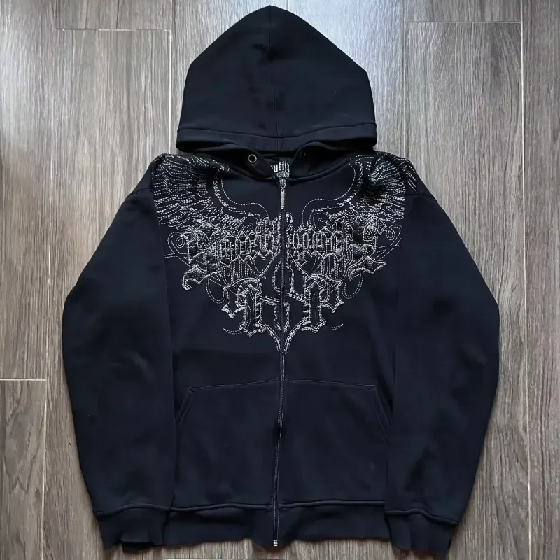 Sweat à Capuche Femme Y2K Style Affliction - Gris, Manches Courtes, Fermeture éclair - Taille M