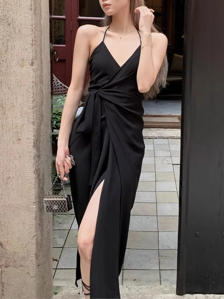

Summer Fashion Elegant Bodycon Midi Black Dress Women Sexy Halter Slim Vintage Party Evening Vestidos Female Chic Robe Mujers
