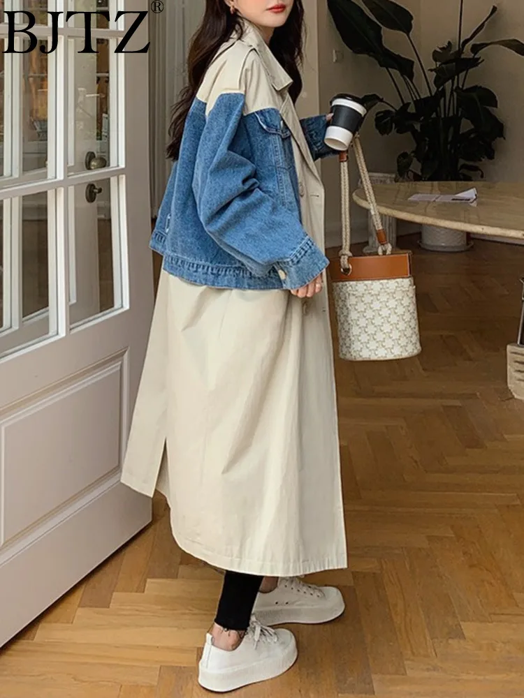 BJTZ Fashionable Denim Patchwork Windbreaker Long Loose Oversized Jacket For Women 2024 Spring Autumn New Female Clothing HL430 image