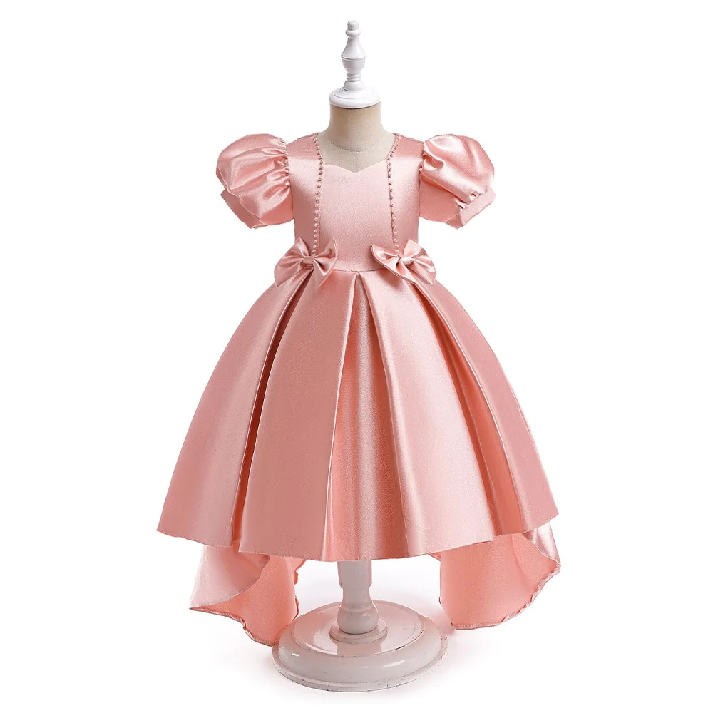 

Kids Pink Short Sleeves Bridesmaid Dress A Line Satin HI-Low Wedding Christmas Party Teenager Children Elegant Vestidos