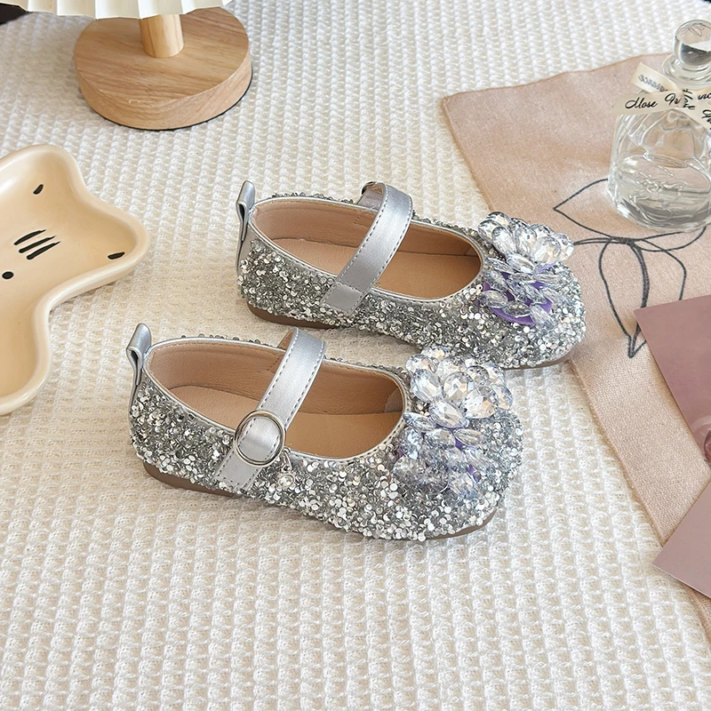 New Luxury Girl Shoes Spring Autumn Shallow Children Fashion Princess Ballet Shoes Sequins Rhinestone Kids Wedding Party Shoes