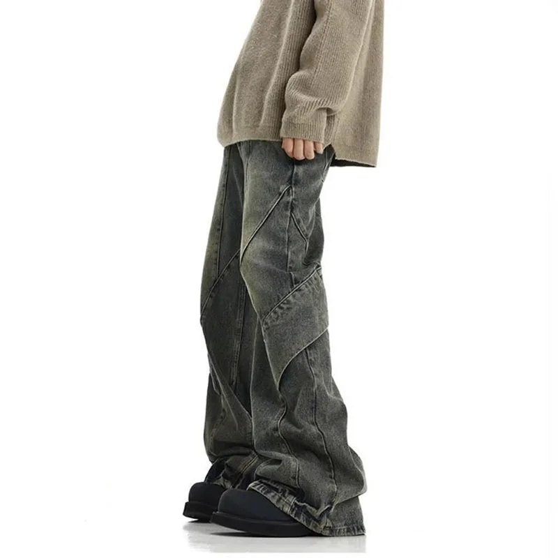 IEFB High Street Male Denim Pants Asymmtrical Spliced Vintage Design Washed Loose New Men‘s Jeans 2024 Autumn Trend 28W3860 4