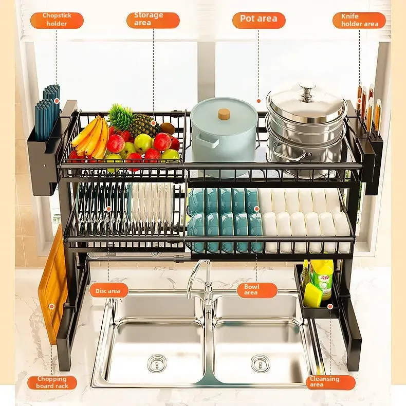 Over Sink Stretchable Storage Shelf Bowl Draining Rack Multifunctional Dish Utensil Organizer Set Adjustable Kitchen