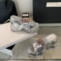 13cm Black Wedge Sandals Women Pink Flower Print Platform High Heels Slippers Summer Ladies Shoes Silver 13CM Heeled Sandals - Image 6