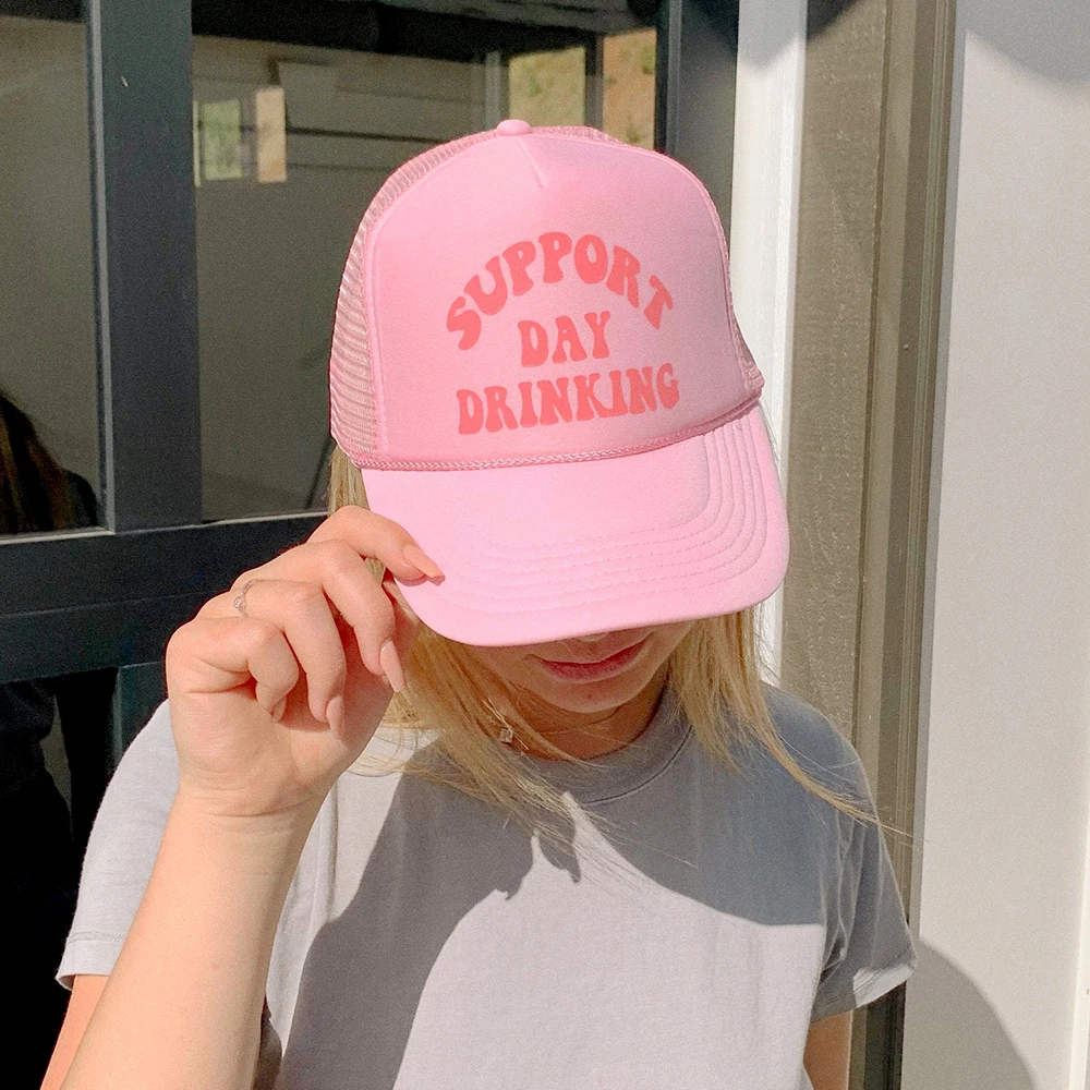 Support Day Drinking Trucker Hat Girly Pink Baseball Cap Summer Woman print Mesh Cap Mom Hats Customizable hat colors
