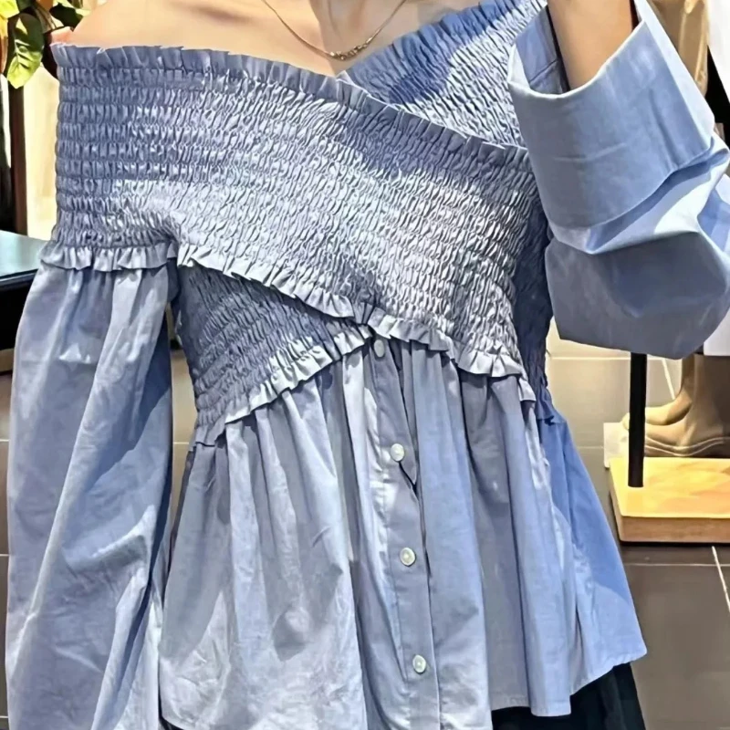 

Japanese Pleated Shirts Feminino Off Shoulder Long Sleeve Blusas Mujer Blouses 2024 Autumn New Camisas Chic Button Shirt Tops