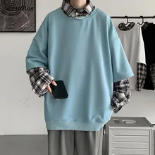 

New Arrived Oversized Plaid Sleeve Pullovers Sweatshirts Men Women Casual Young Style Streetwear Fleece Hoodies