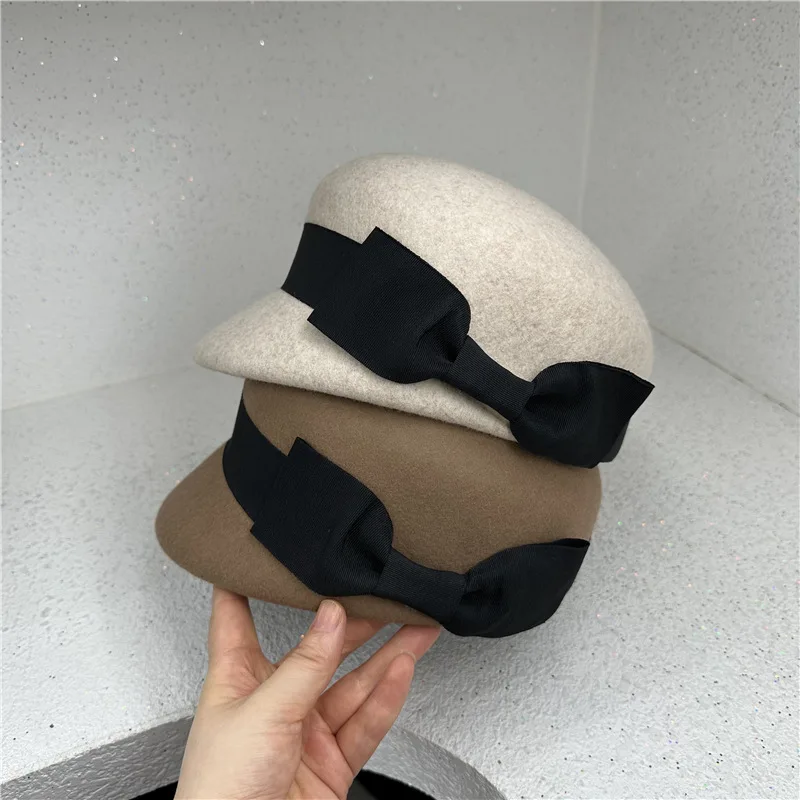 

2023111-dudu chic ins winter japan grace side bowknot wool felt fashion street Equestrian hat women Octagonal visors cap