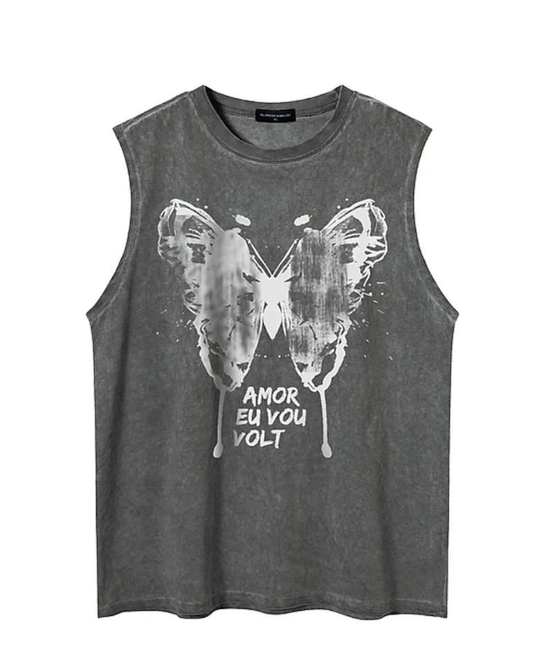 

American Retro Distressed Letter Butterfly Print Sporty Tank Top Summer Loose Casual Lovers Sleeveless Streetwear T Shirt Mujer