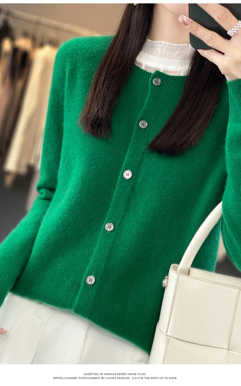 Women 100% Merino Wool Sweater Autumn Winter O-Neck First Line Seamless Cardigan Long Sleeve Clothing Cashmere Knitwear Tops