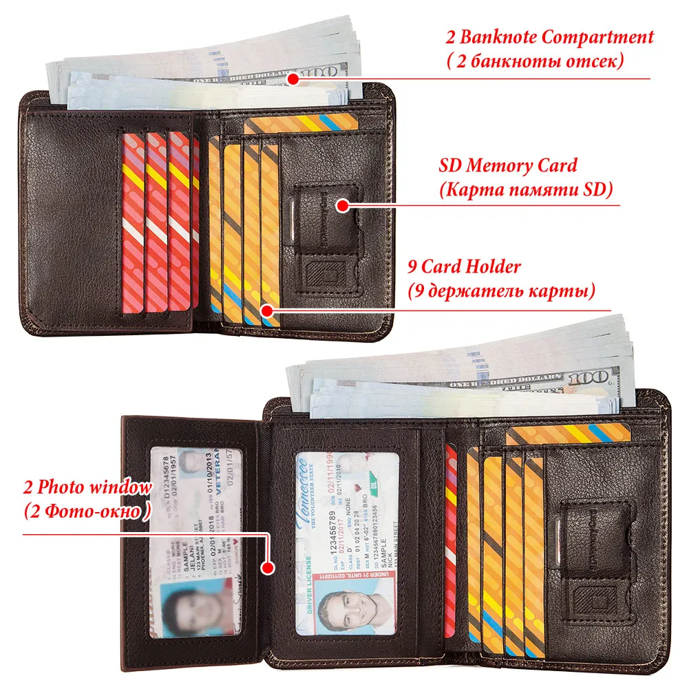 Genuine Leather Mens Wallet RFID Blocking Card Holder ID Money Bag Slim Male Trifold Multi Function Clutch Coin Purse Luxury 5