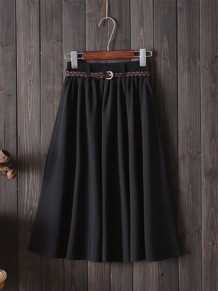 Midi Knee Length Summer Skirt Women With Belt  Fashion Korean Ladies High Waist Pleated A-line School Skirt Female