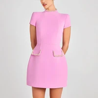 Tornova Elegant Beaded Short Sleeve Dress Female High Waisy Solid Splice Mini Dress Commuting Party Outfits Bodycon Chic Female