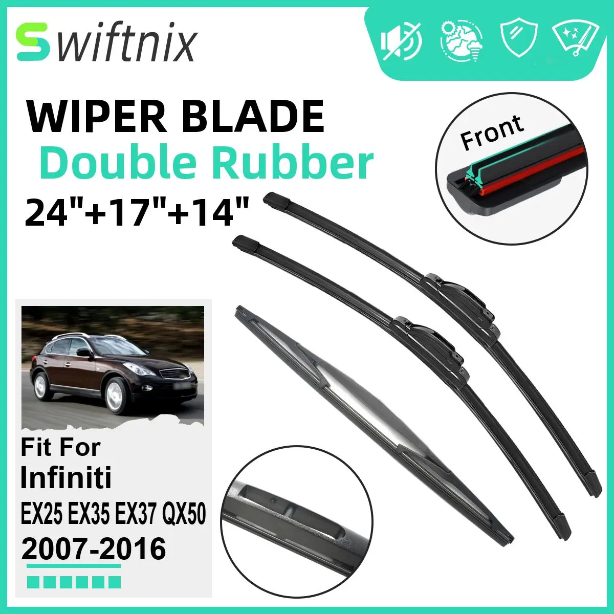 

Двойные резиновые автомобильные дворники для Infiniti EX25, EX35, EX37, QX50, 2007-2016, стеклоочистители, резиновые автомобильные аксессуары 2015, 2016