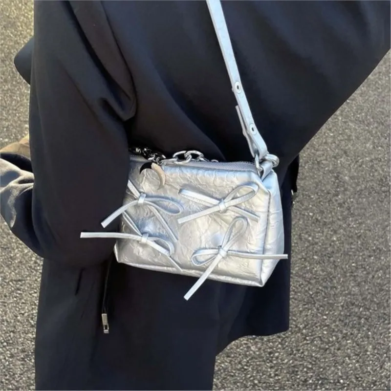 Hot Girl Silver Bow Shoulder Bags Women Chain Pleated Square Underarm Bag Ladies Large Capacity Y2k Aesthetic Crossbody Bag 2025