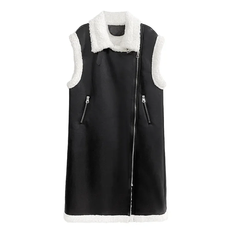 

American Faux Leather Fur Thicken Long Vest Coat Women Streetwear Punk Gothic Hip Hop Loose Sleeveless Jacket Outerwear 9931