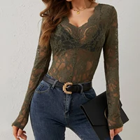 Chemisiers transparents en dentelle pour femmes, chemises à manches longues en Y, col en V, t-shirts transparents, streetwear transparent, mode sexy 5