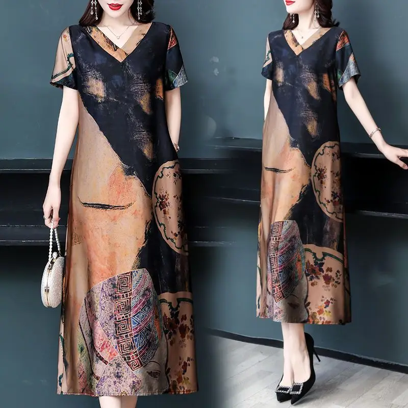 

2024 New Fashion Women Summer Long Print V-Neck Dress Female Short Sleeve Dresses Ladies Clothing Loose A-line Vestidos M19