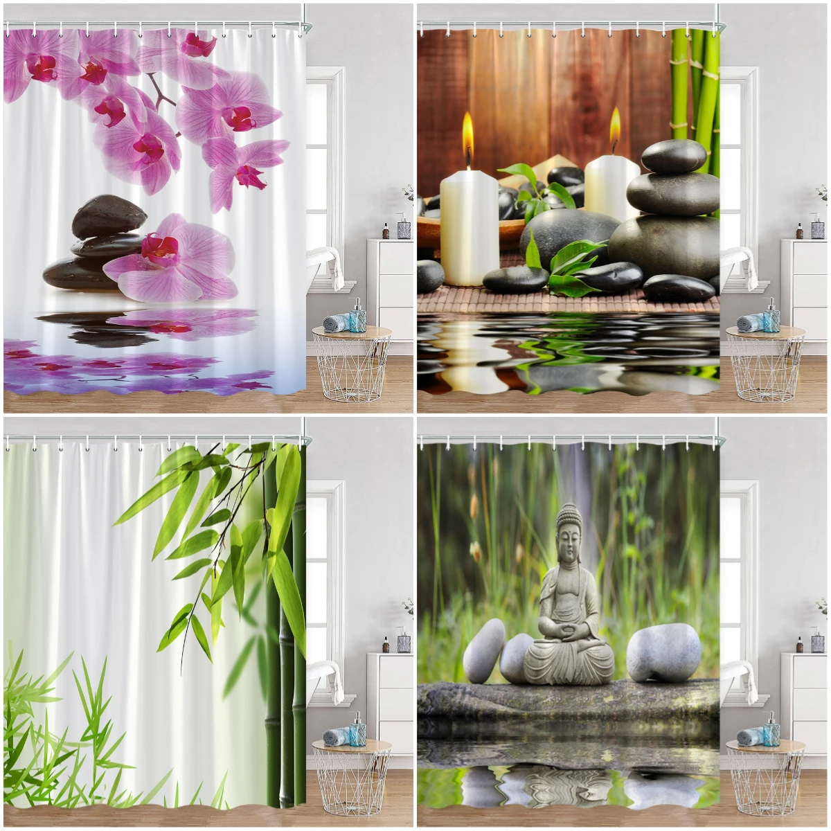 

Zen Shower Curtain Lotus Flowers Green Bamboo Stoen Sand Buddha Meditation Bathroom Curtains Polyester Bath Decor with Hooks