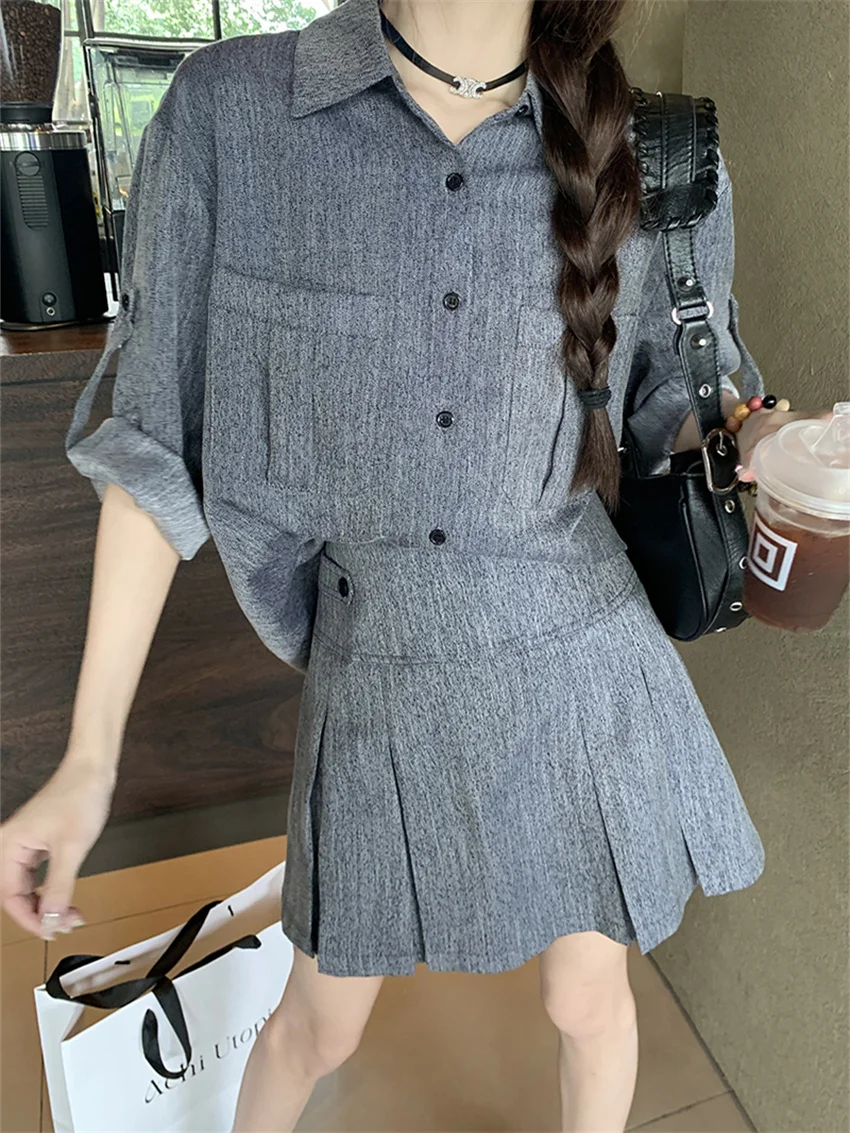 

Женский костюм из двух предметов Alien Kitty, винтажная Облегающая джинсовая рубашка с коротким рукавом, плиссированная мини-юбка с высокой талией, лето 2023