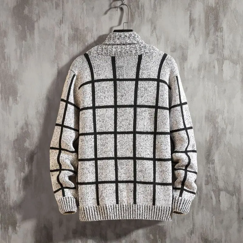 2023 Spring Autumn New Turn-down Collar Plaid Printing Long Sleeve Knitting Cardigan Man Casual Loose Button All-match Outwear