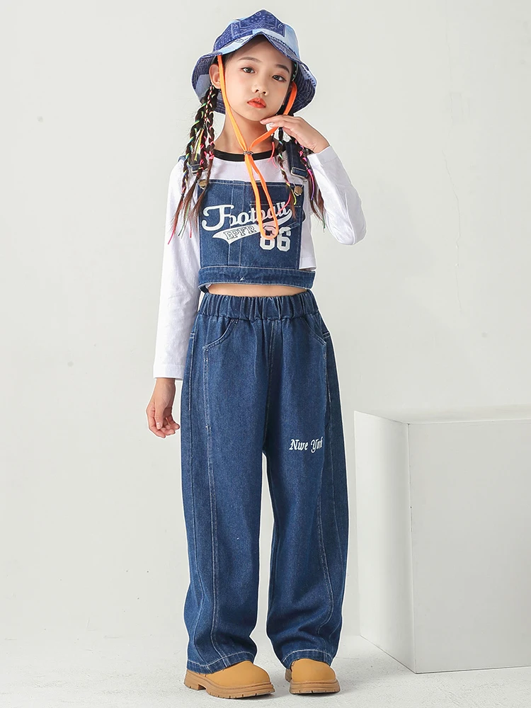 Girls Denim Suit Jazz Dance Costumes Navel Loose Vest Street Dance Wear Children'S Performance Catwalk Hip Hop Clothing DQS9286