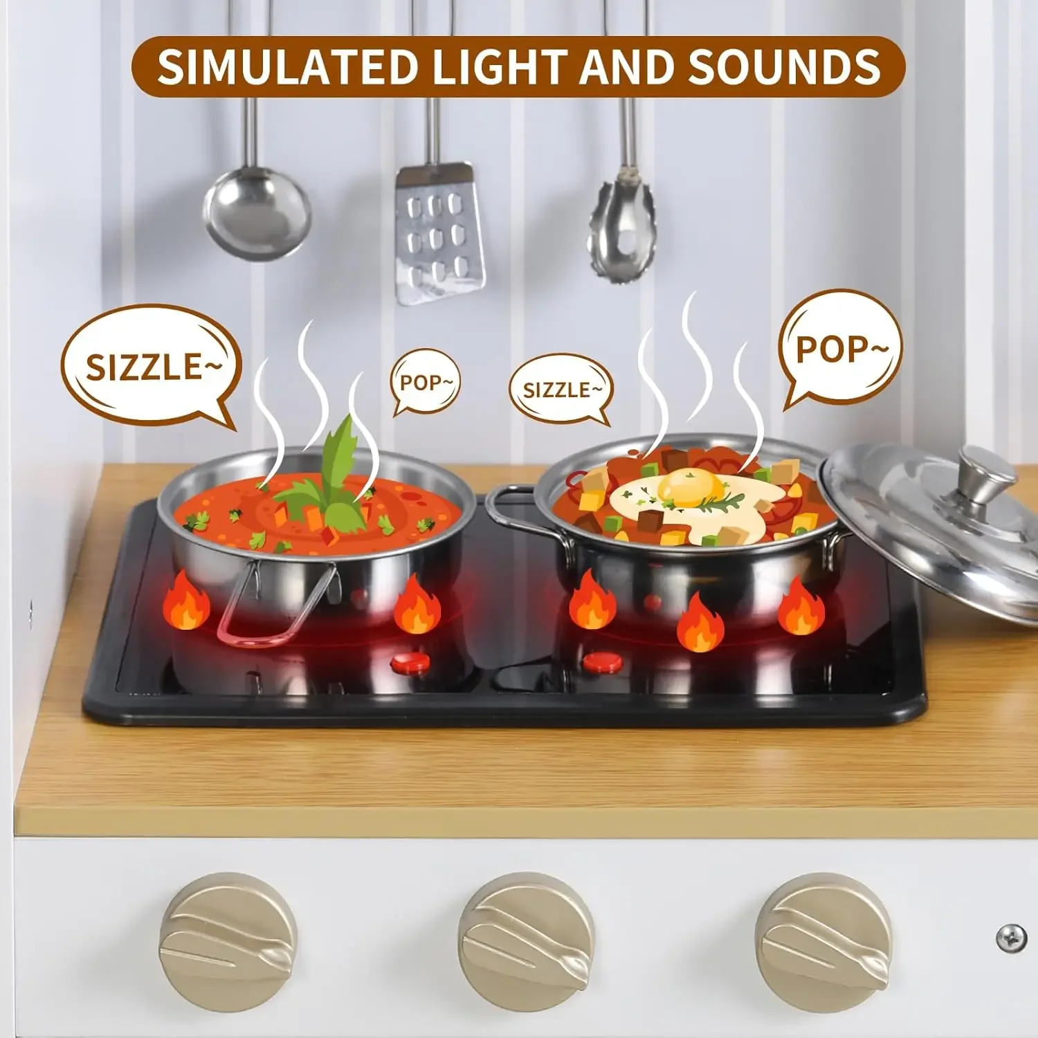 Play Kitchen for Kids, Pretend Preschool Kitchen Sets, Wooden Cooking Playset w/Realistic Light & Sound, Telephone, Stove,Fridge 3
