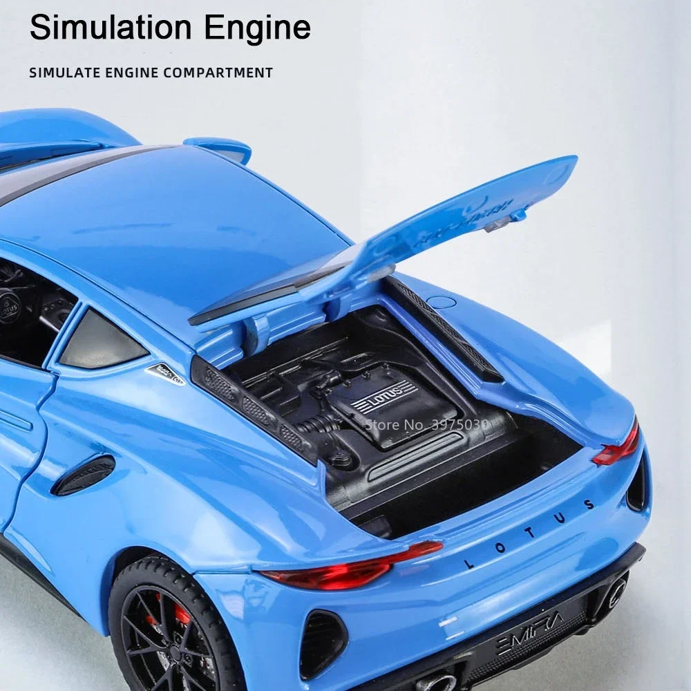1:24 Lotus Emira Sportcar Miniature Car Model Toy Alloy Diecast Vehicles Doors Opened Sound Light Pull Back Collect Toys for Boy 6
