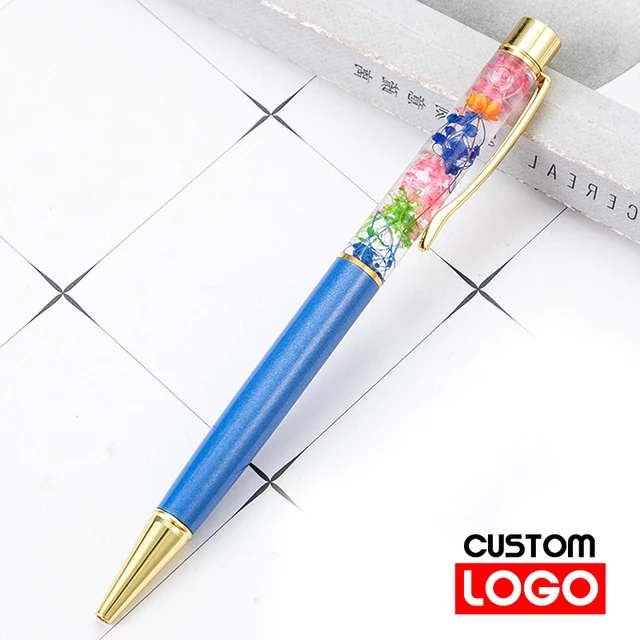 New Eternal Life Flower Oil Pen Metal Ballpoint Pen Lettering Engraved Name Advertising Pen Custom Logo Stationery Wholesale blue