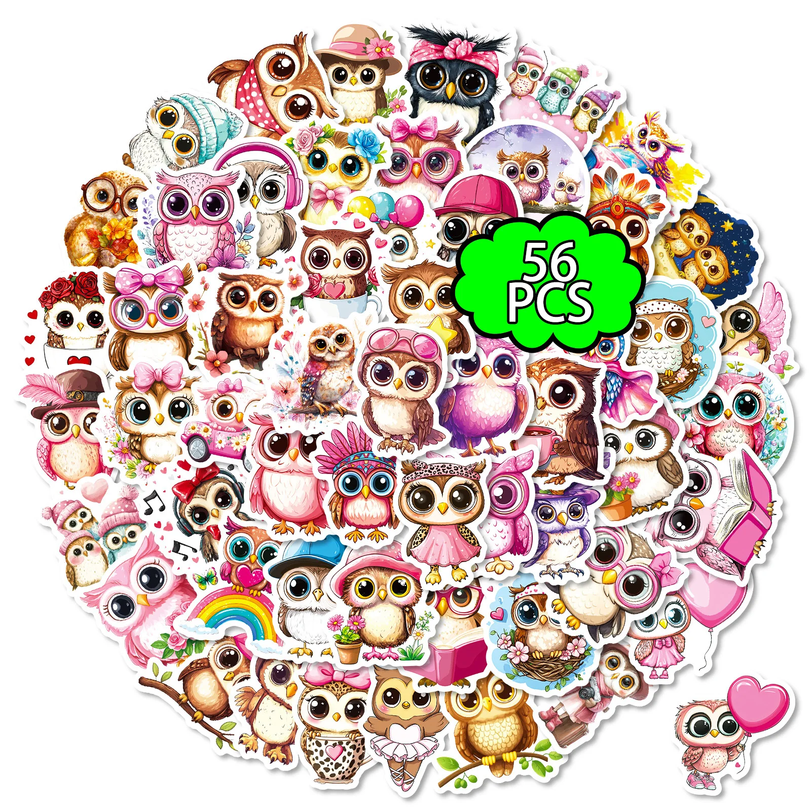 Pink Big Eye Owl Cute Doodle Stickers Set - Pack of 56/112 for DIY Crafting and Decoration