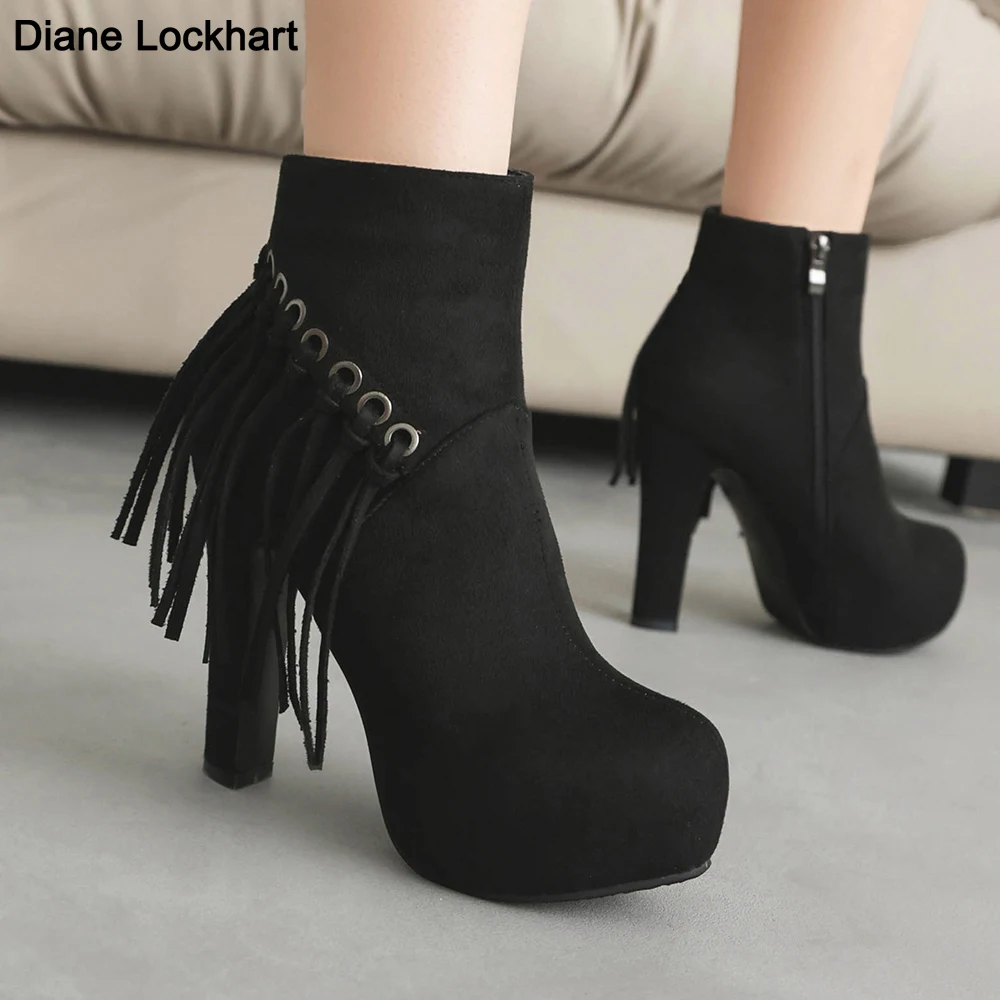 

Designer Style platform Fringe High Heel Shoes Women Suede Round Toe Booties Female Thick Heel Tassel Ankle Boots Ladies 33 42