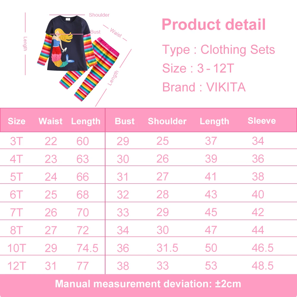 VIKITA Girls Clothing Sets Kids Mermaid Appliqued Long Sleeve RainboW Striped Cotton Casual Tops and Tees and Pencil Pants 2 pcs