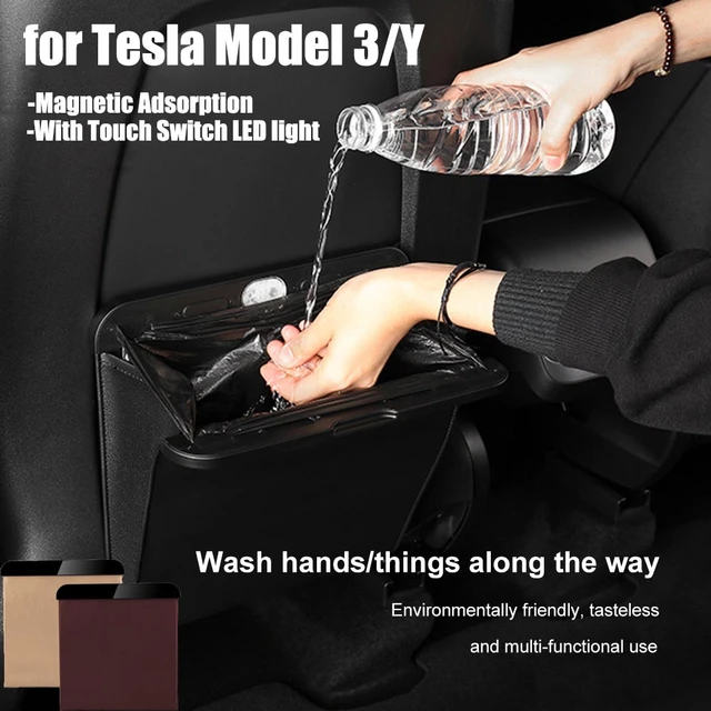 For Tesla Model 3/Y Car Garbage Bag Leak-proof Magnetic Adsorption Back  Seat Hanging Trash Can With LED Light Interior Accessory - AliExpress