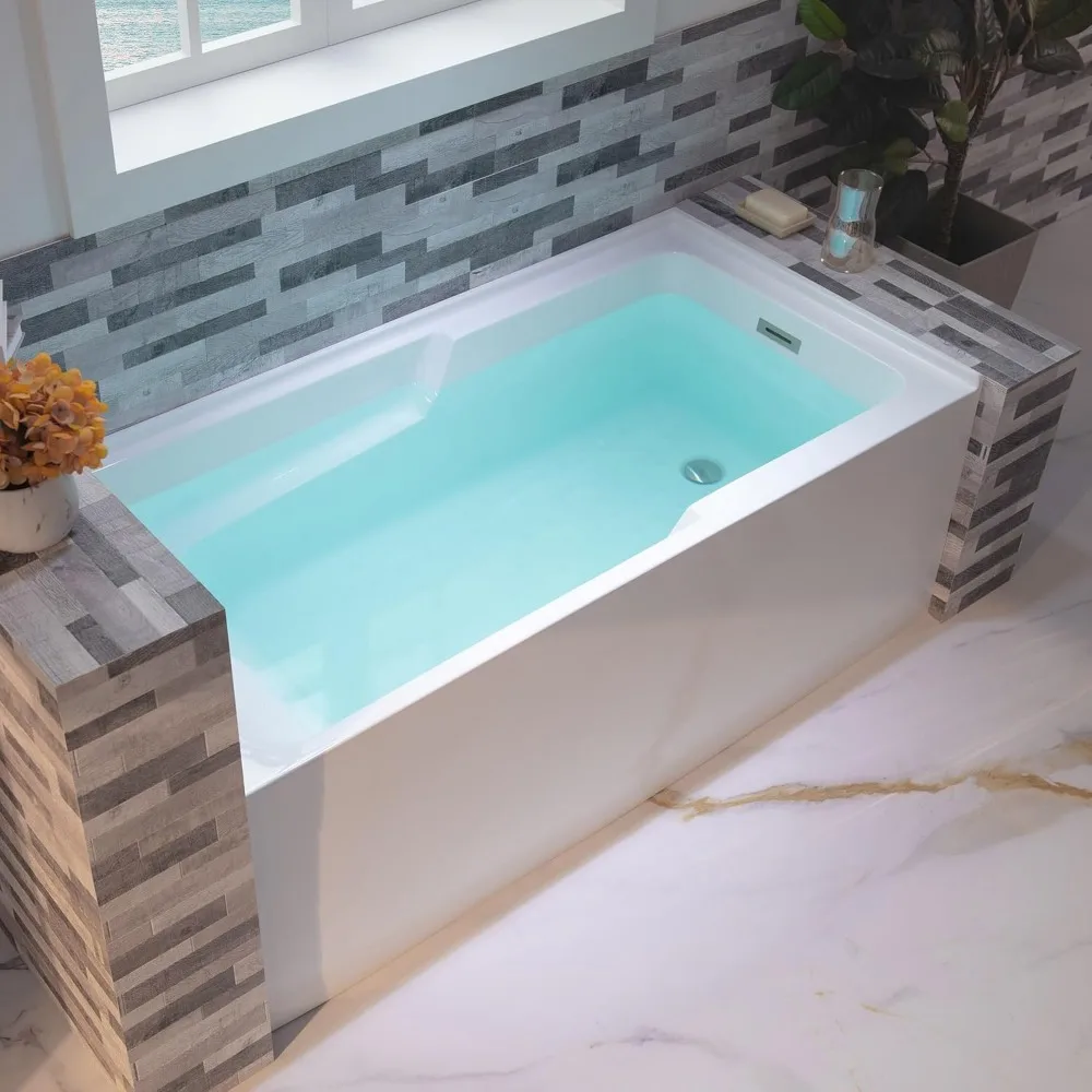 60" Acrylic Alcove Soaking Bathtub with Right Drain，Brushed Nickel Pop-Up Drain Included，Easy Installation，Non-Slip Bathtub 2